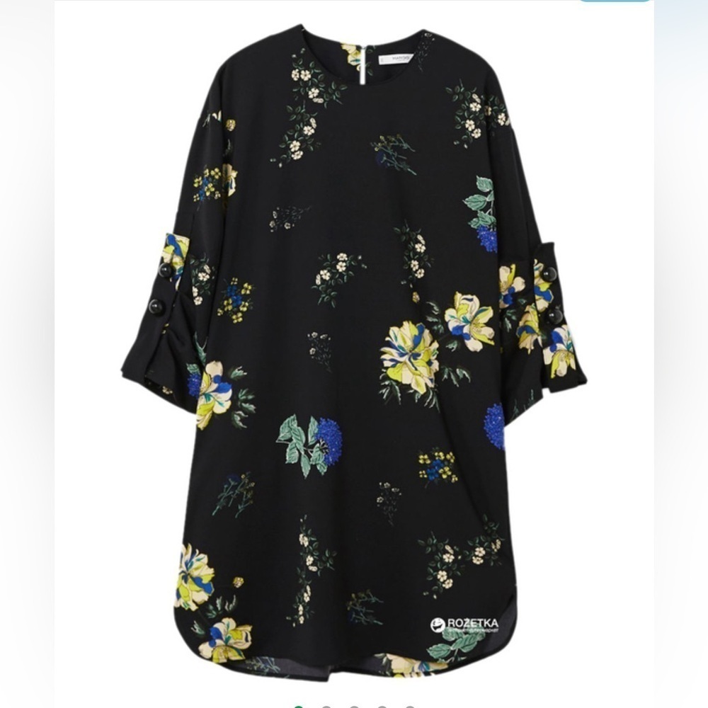 MANGO Floral Shift Mini Dress Ruched Buttons Sleeves Black Sz 6